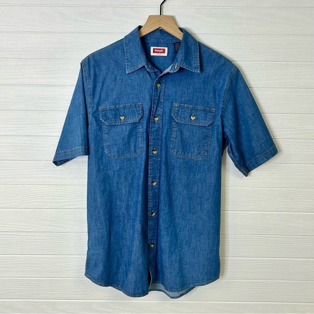 Wrangler‎ Men’s Button Down Small Blue Denim Short Sleeve Collar Woven Shirt